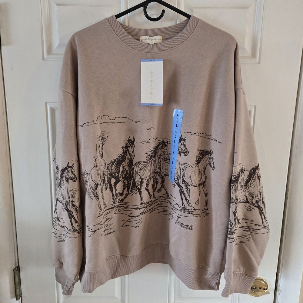 State of Mine Texas Horse Graphic Sweatshirt Womens L Beige Western NWT Rodeo